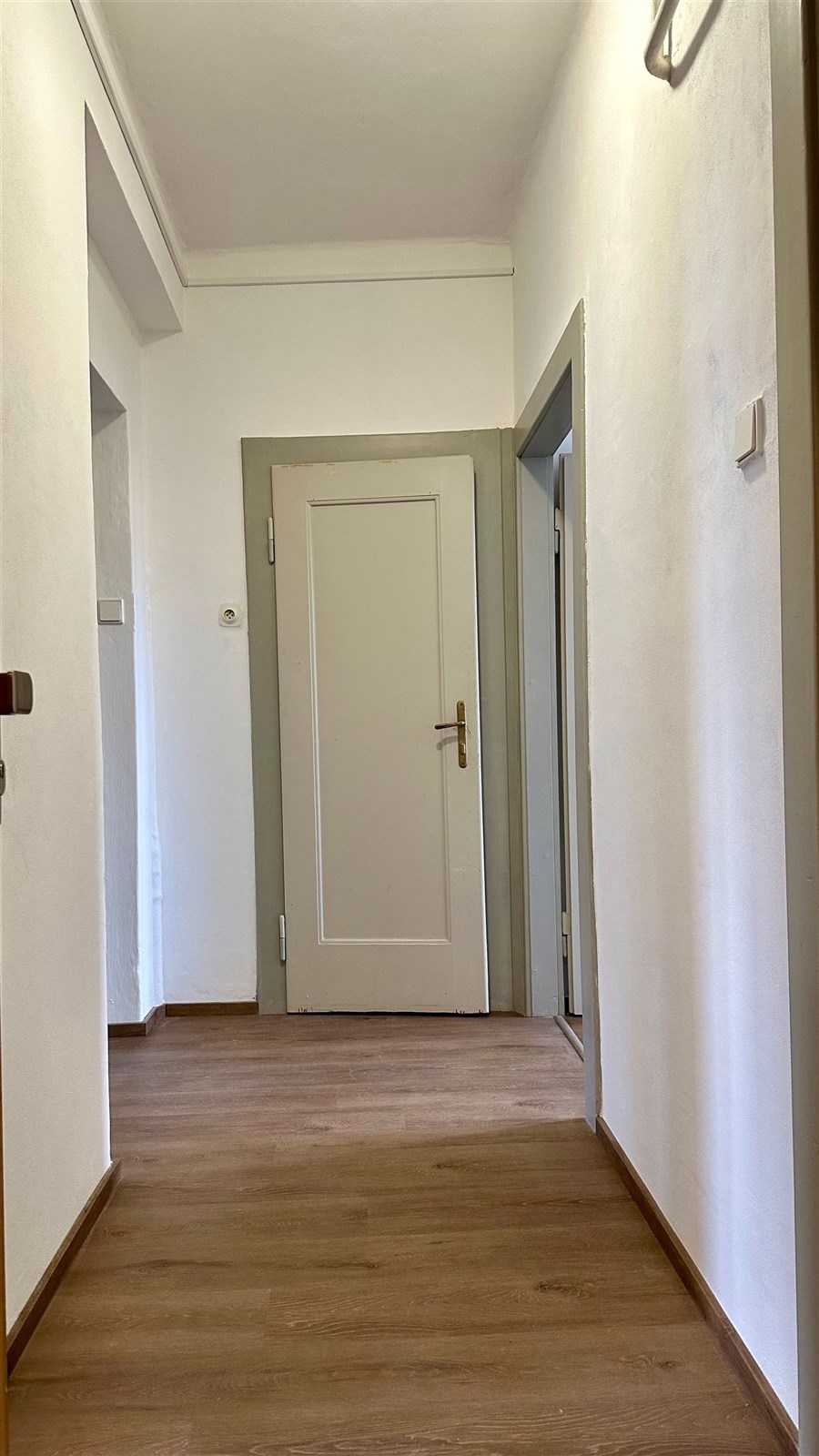 Chodba s dřevěnou podlahou, bílé stěny a dřevěné dveře. Jednoduchý design s moderními prvky působí prostorně a světlé.