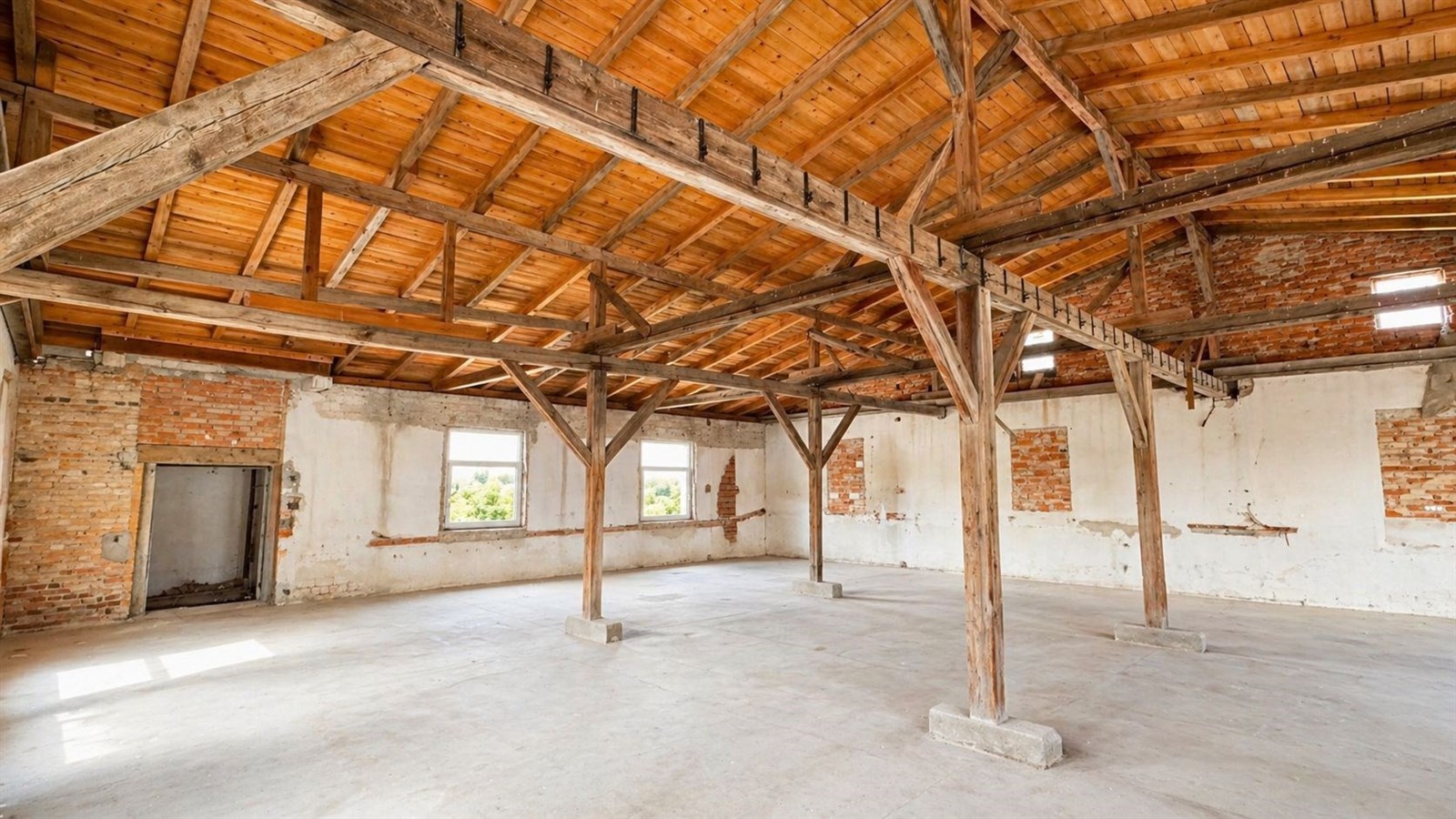 Prostorný půdní prostor, dřevěné trámy, cihlové zdi a betonová podlaha, ideální pro rekonstrukci nebo přestavbu na moderní byt.