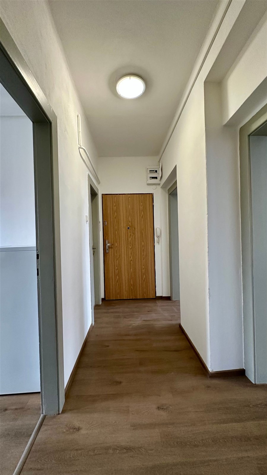 Vstupní chodba s parketovou podlahou, bílými stěnami a moderními dveřmi nabízí světlé a čisté prostředí pro pohodlný vstup do bytu.