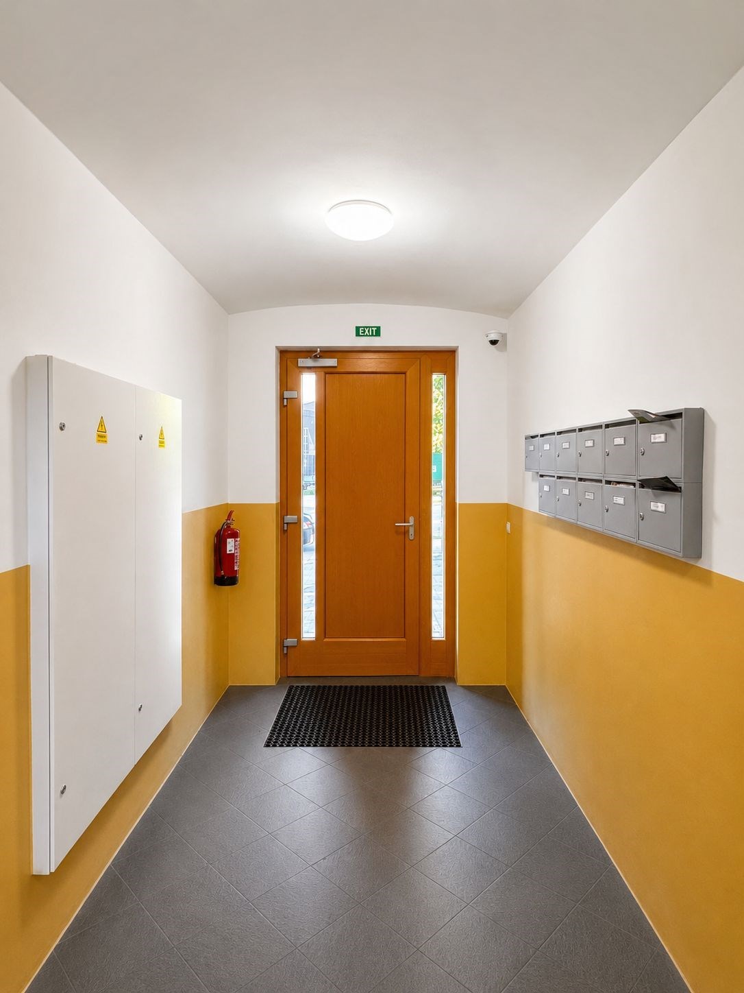Vstupní hala s dlažbou, dřevěnými dveřmi a poštovními schránkami, moderní osvětlení, světlé stěny s barevným akcentem
