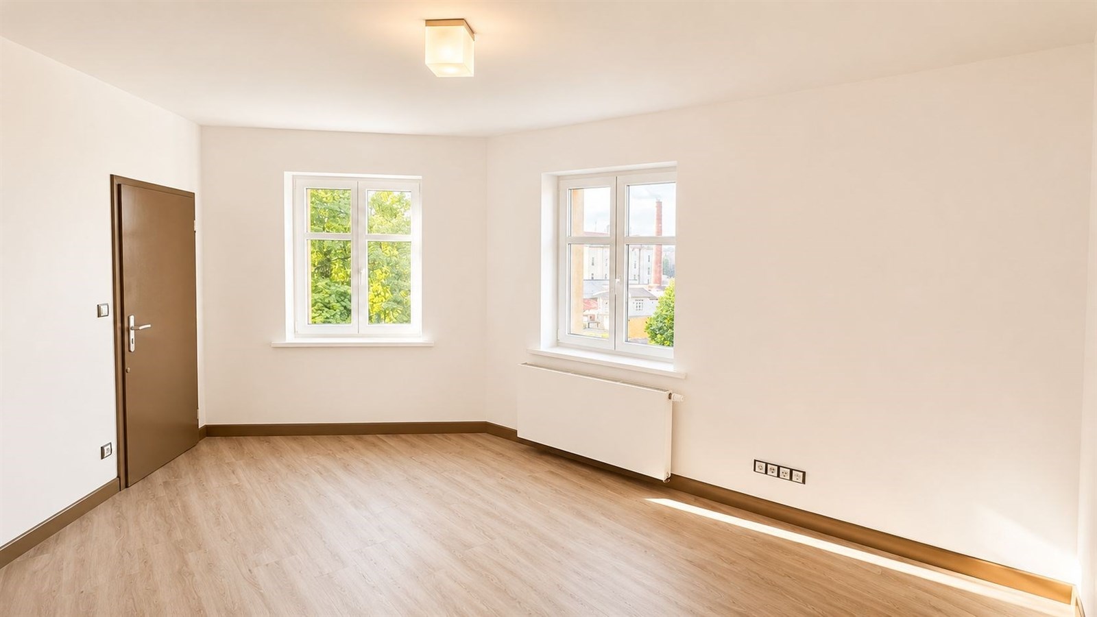 Světlý obývací pokoj s parketovou podlahou, velkými okny a moderním designem, poskytuje prostor pro relaxaci a pohodlné bydlení.