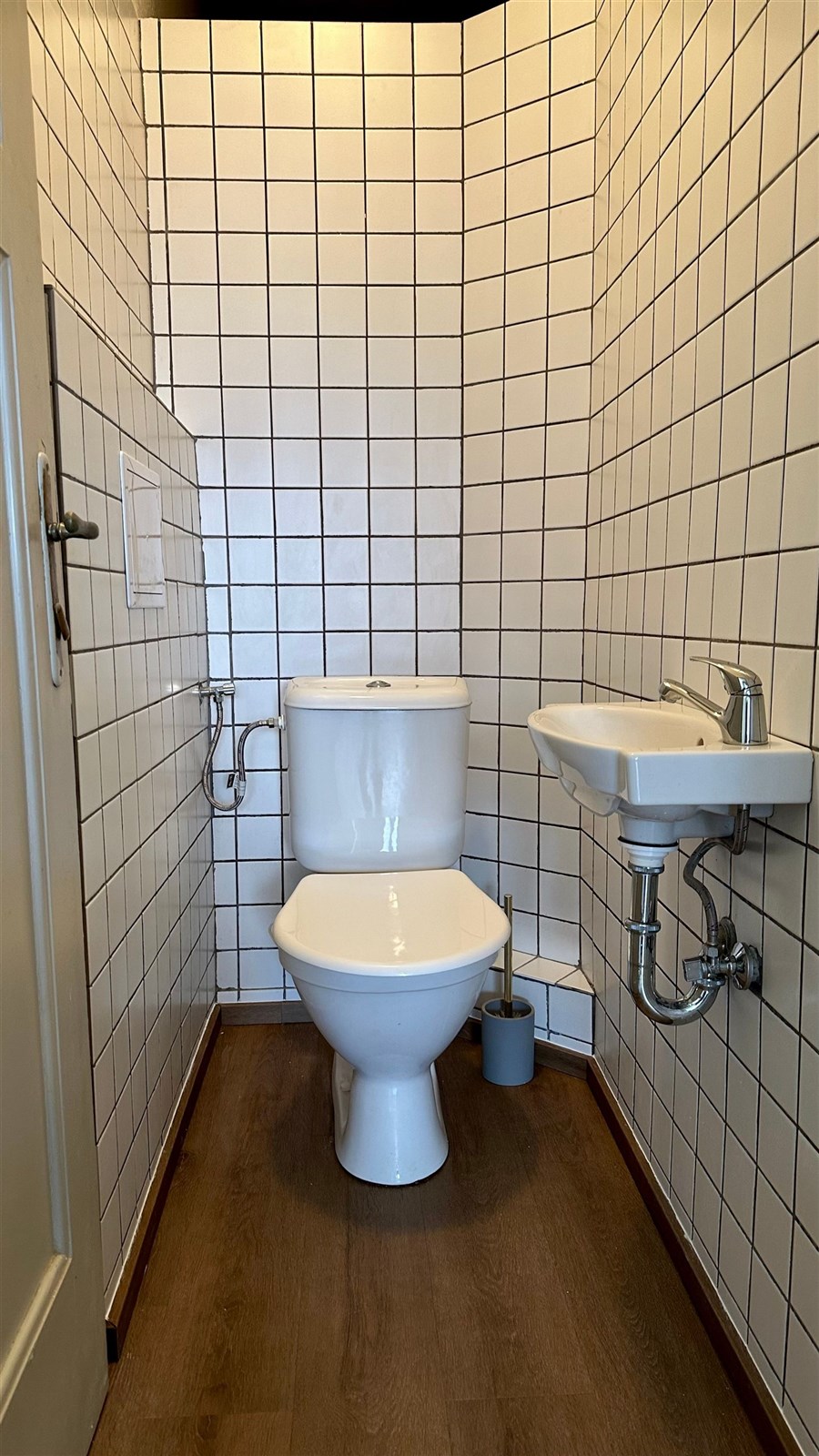 Koupelna s toaletou a moderními dlaždicemi, světlé stěny a plovoucí podlaha, udržovaná a praktická dispozice.