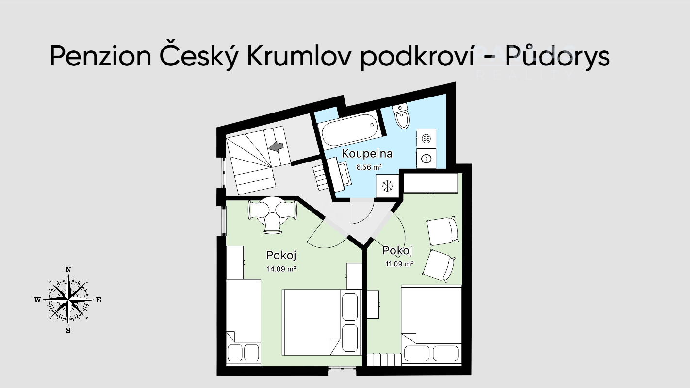 Penzion Český Krumlov podkroví Půdorys 1422x800.jp