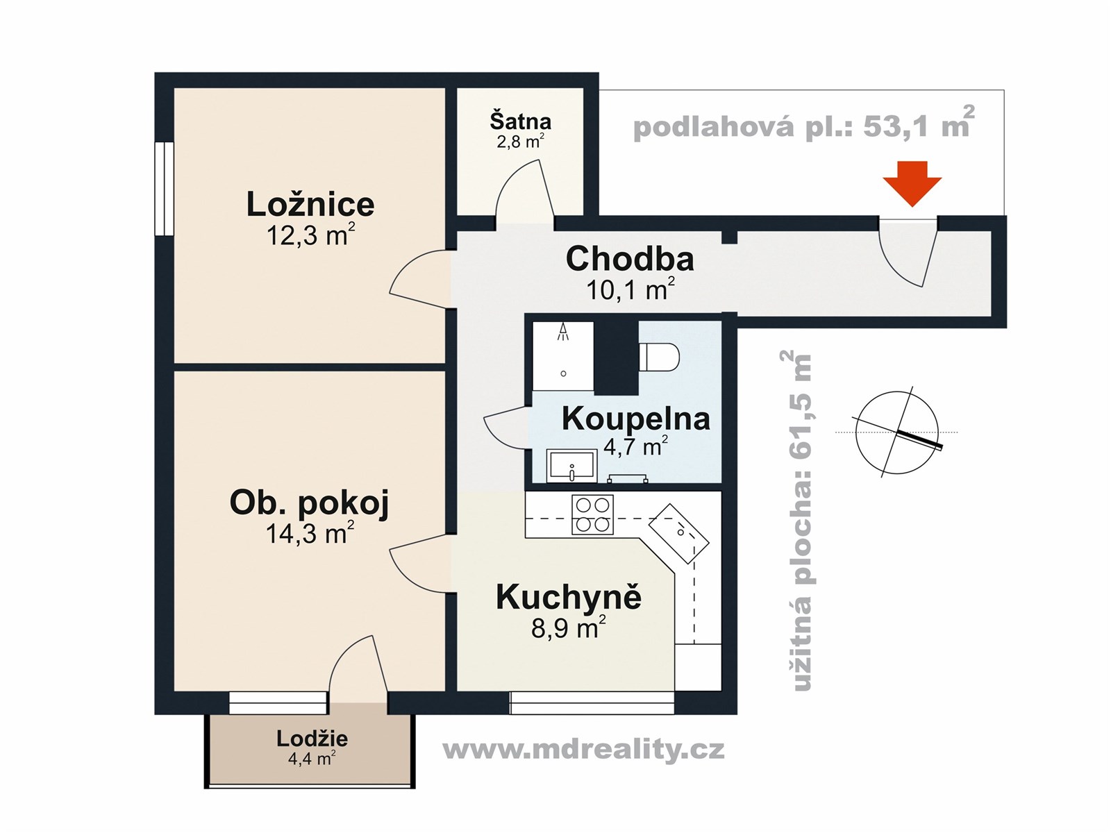 Prodej bytu 2+1 v Třebíči (PŮDORYS)