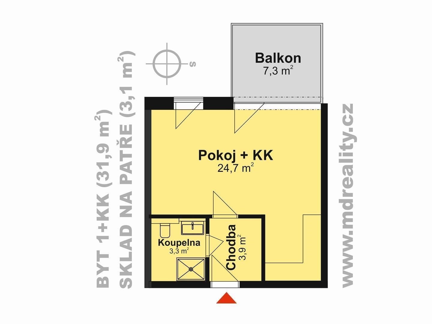 Pronájem bytu 1+kk s velkým skladem na patře v Třebíči (DISPOZICE BYTU)
