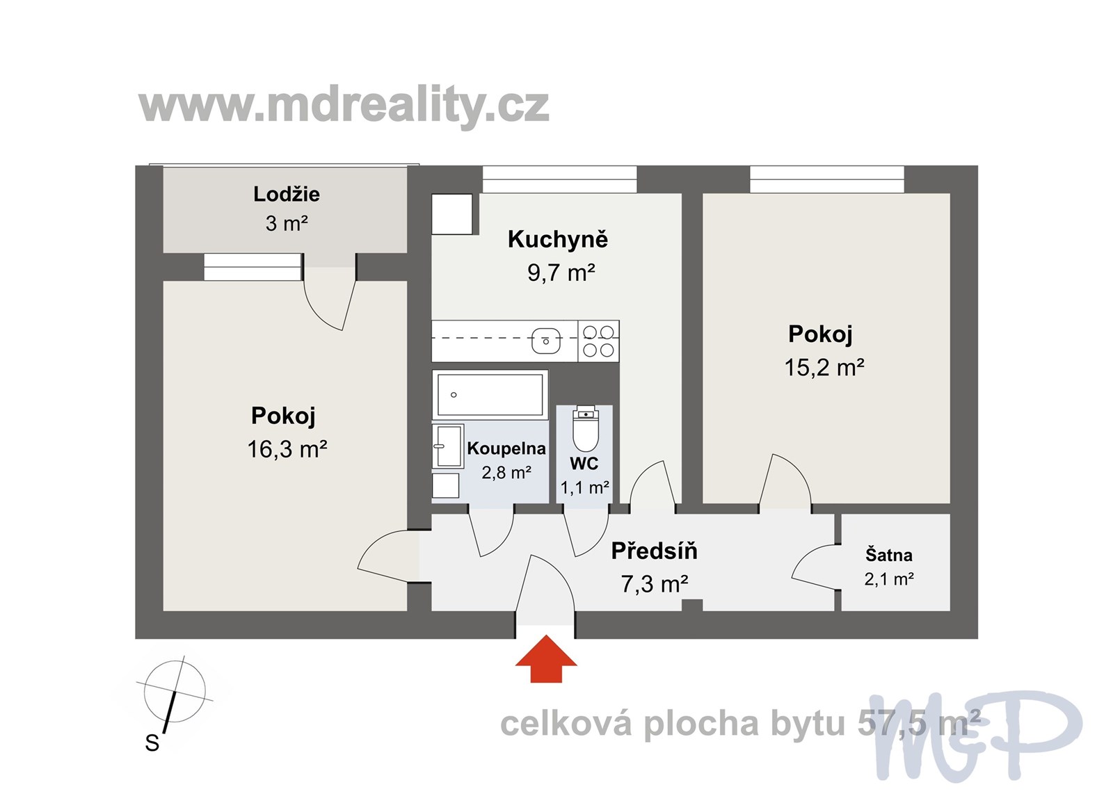 Byt 2+1 na ulici Žižkova v Jihlavě. Půdorys bytu .
