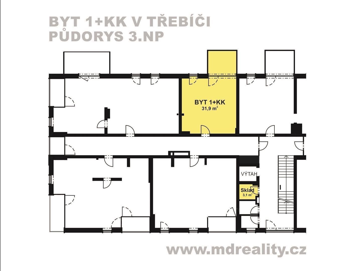 Pronájem bytu 1+kk s velkým skladem na patře v Třebíči (PŮDORYS PATRA S VYZNAČENÍM BYTU A SKLEPA)