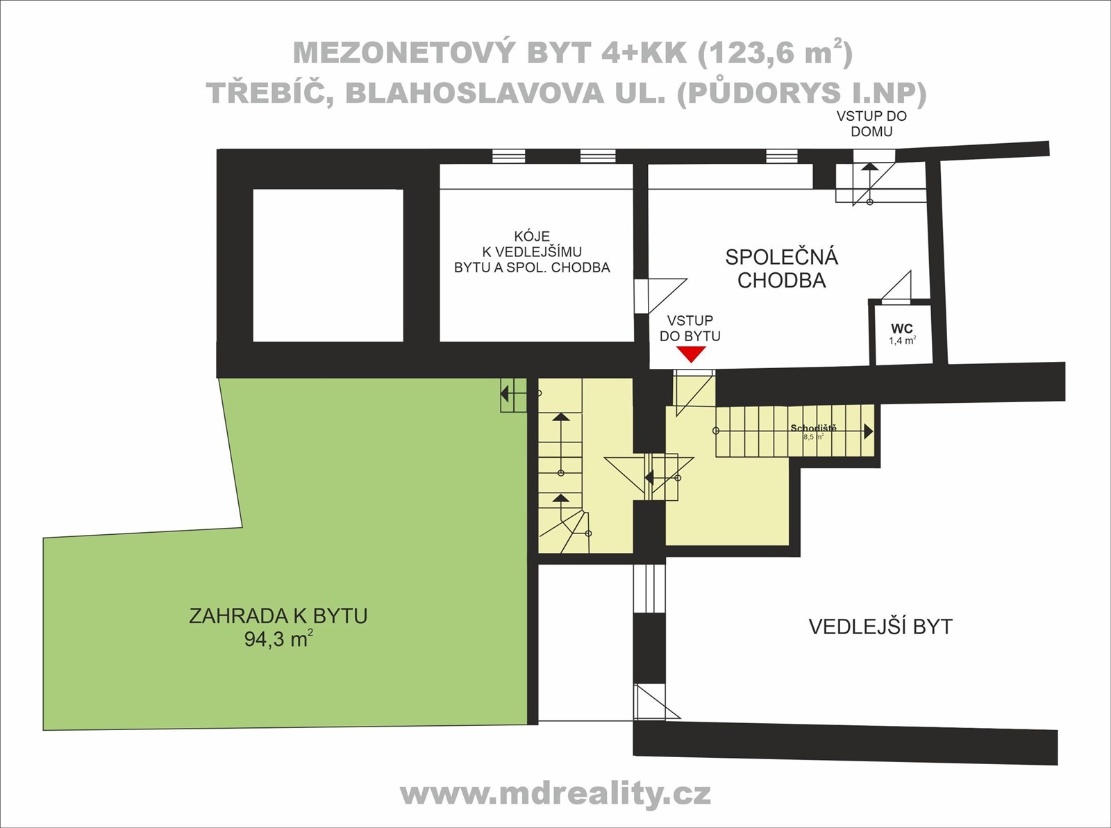 Mezonetový byt v třebíčském Zámostí  (ve čtvrti zapsané do seznamu památek UNESCO) - [PŮDORYS 1.NP]