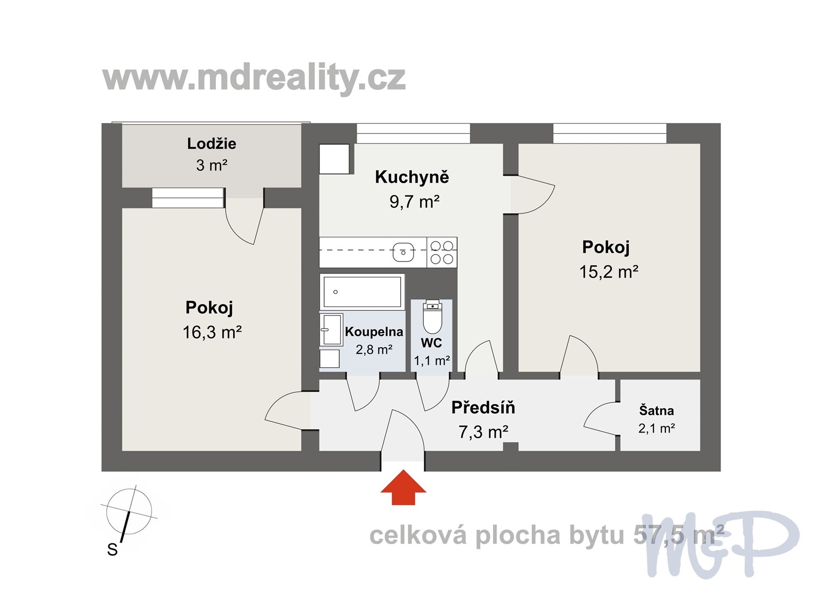 Byt 2+1 na ulici Žižkova v Jihlavě. Půdorys bytu .