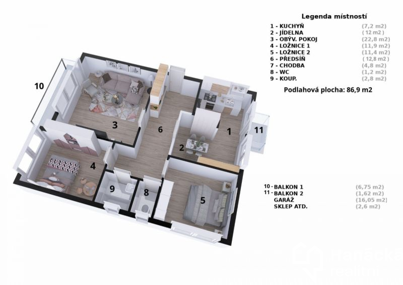 Cihlový byt 3+1 s garáží, Olomouc, ulice Zamykalova
