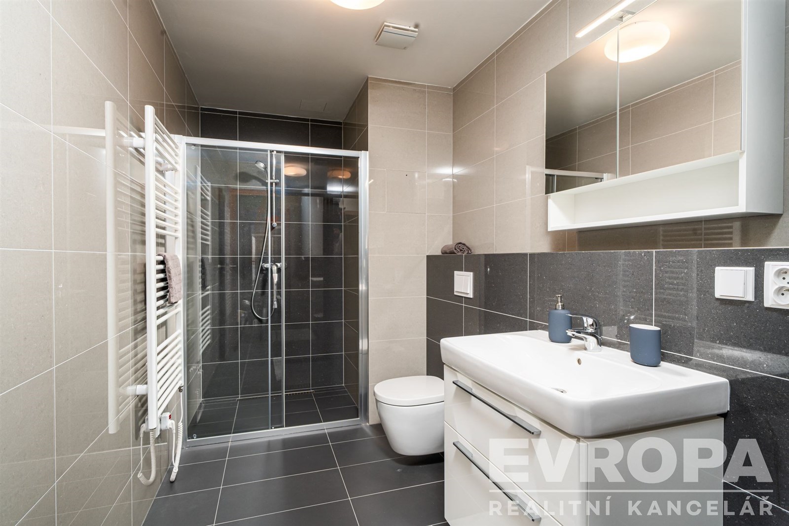 Moderní koupelna s dlažbou, sprchový kout se skleněnými dveřmi, světlé a tmavé obklady, závěsné umyvadlo a zrcadlová skříňka