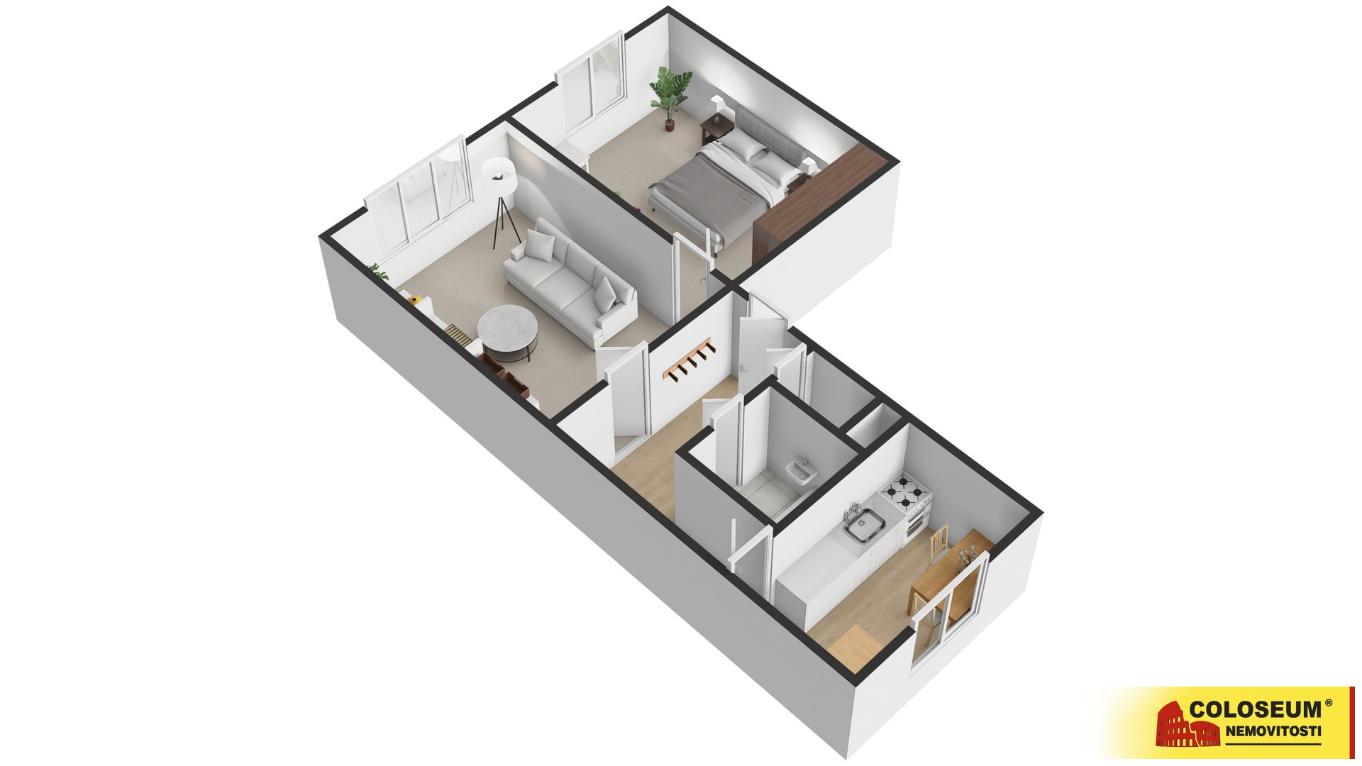 Půdorys 3D - Uherský Brod - prodej bytu 2+1