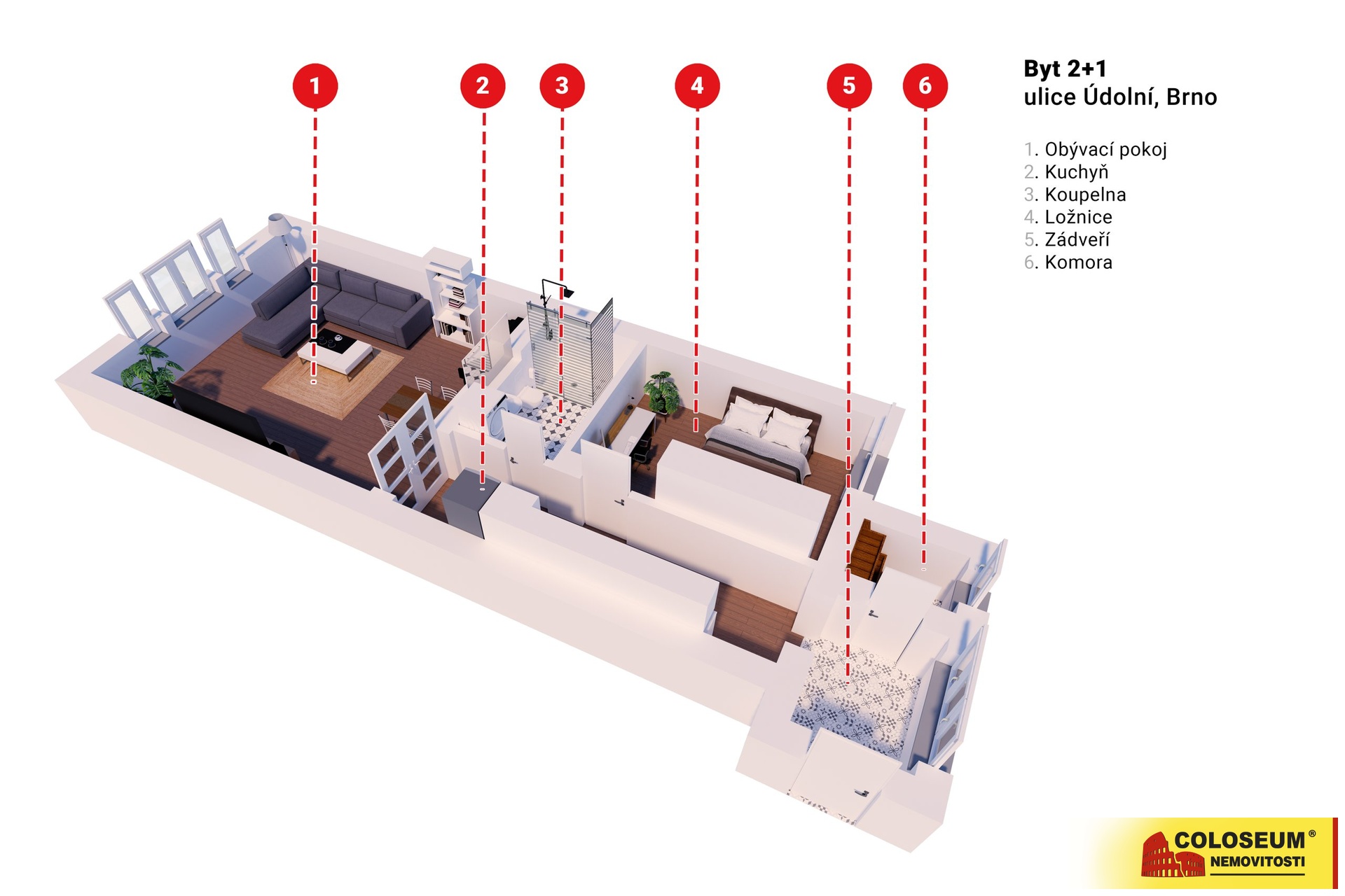 Půdorys bytu - Brno - Veveří - prodej bytu 2+1