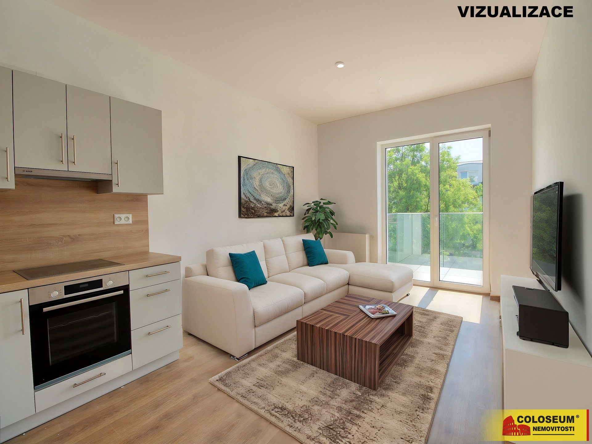 Vizualizace obývacího pokoje s kuchyňským koutem- 
