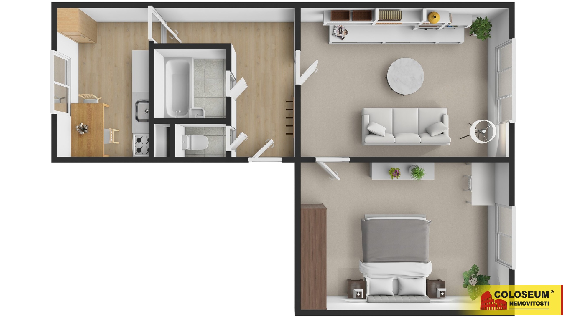 Půdorys 3D - Uherský Brod - prodej bytu 2+1