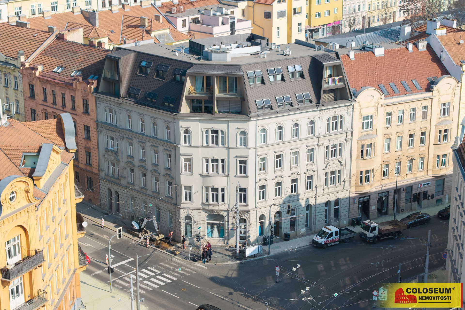 Pohled na dům z dronu - Brno - Veveří - prodej byt