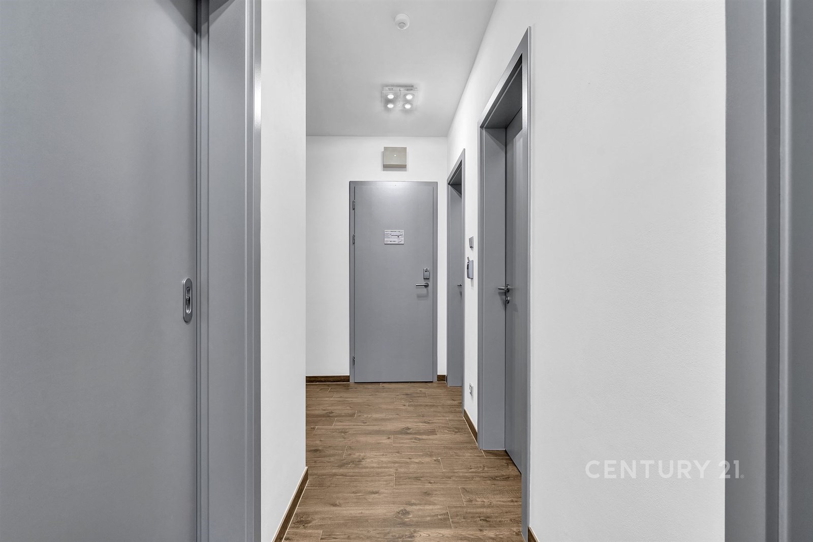 Úzká chodba s parketovou podlahou, šedými dveřmi a