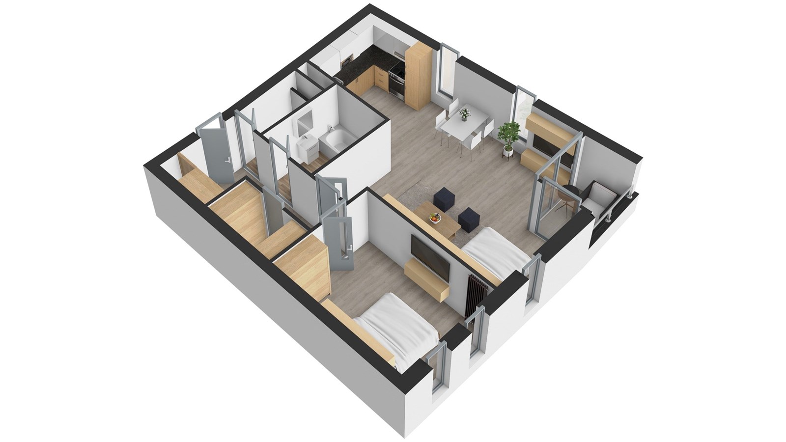 3D půdorys bytu se světlým obývacím pokojem, moder