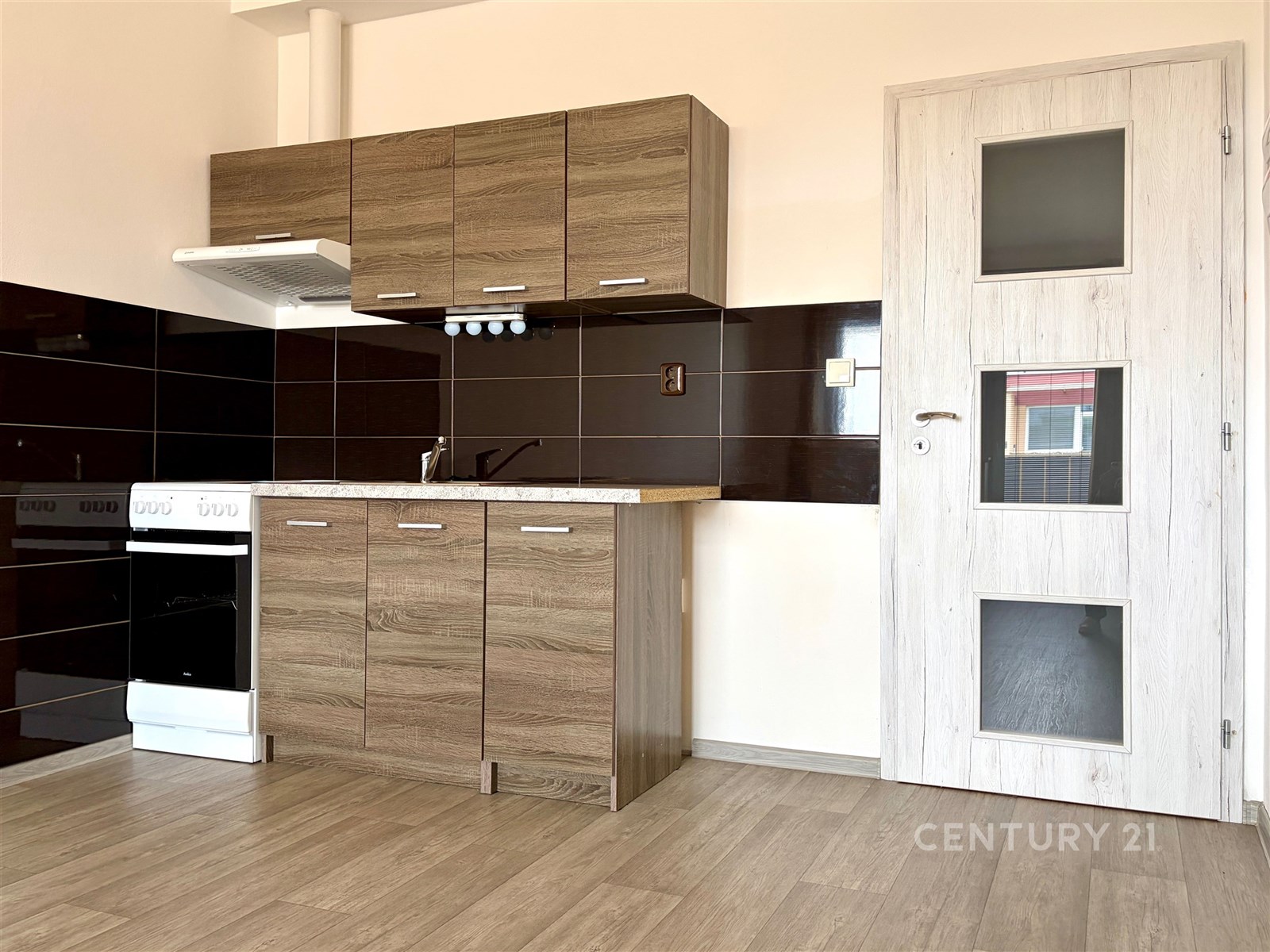 Moderní kuchyň s dřevěnou linkou, vestavěné spotře