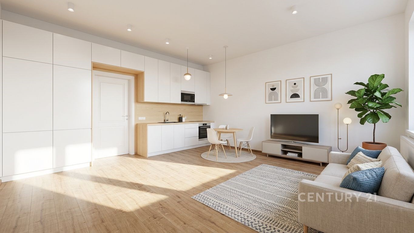 Světlý obývací pokoj s moderní kuchyní, parketová 