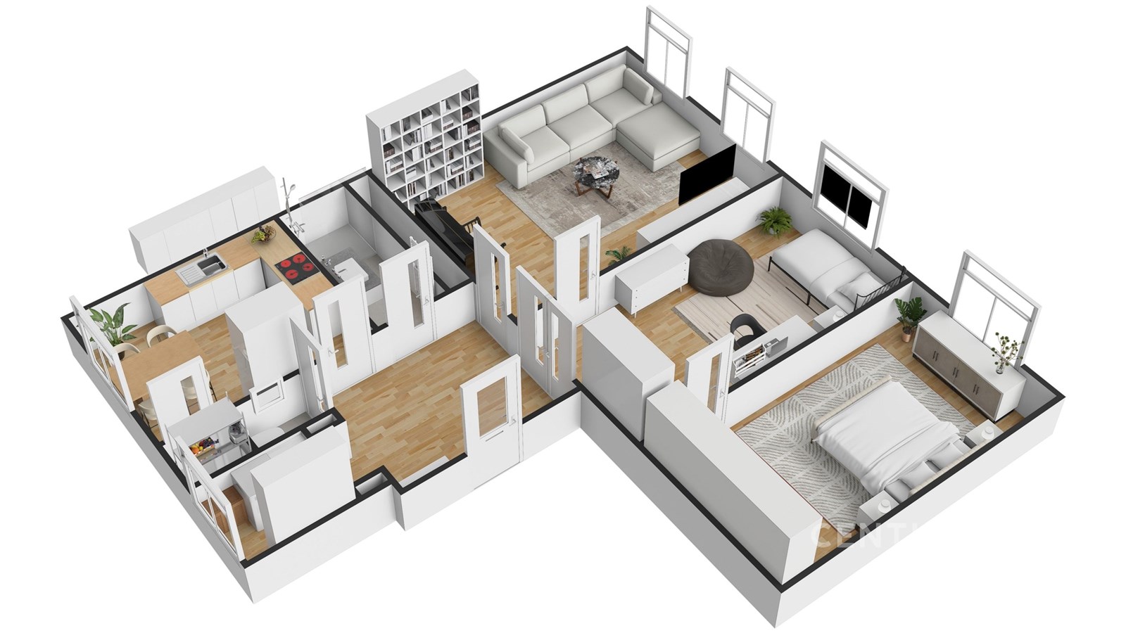 3D půdorys bytu se světlým obývacím pokojem, parke