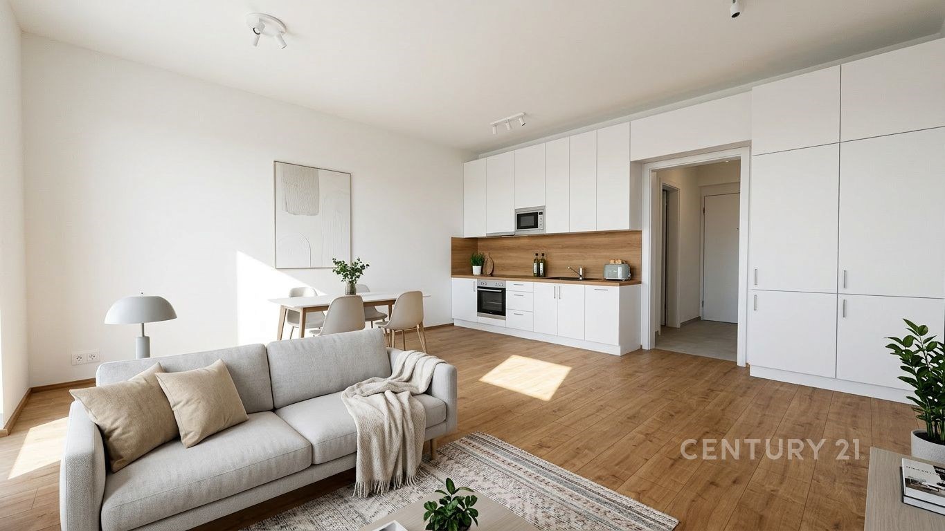 Světlý obývací pokoj s moderní kuchyní, dřevěnou p