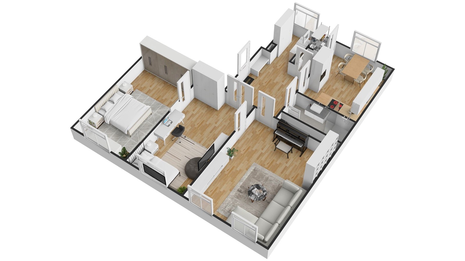 Půdorys bytu s moderní dispozicí, parketová podlah