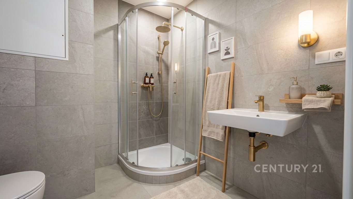 Koupelna s moderní sprchou, dlažbou a zlatými dopl