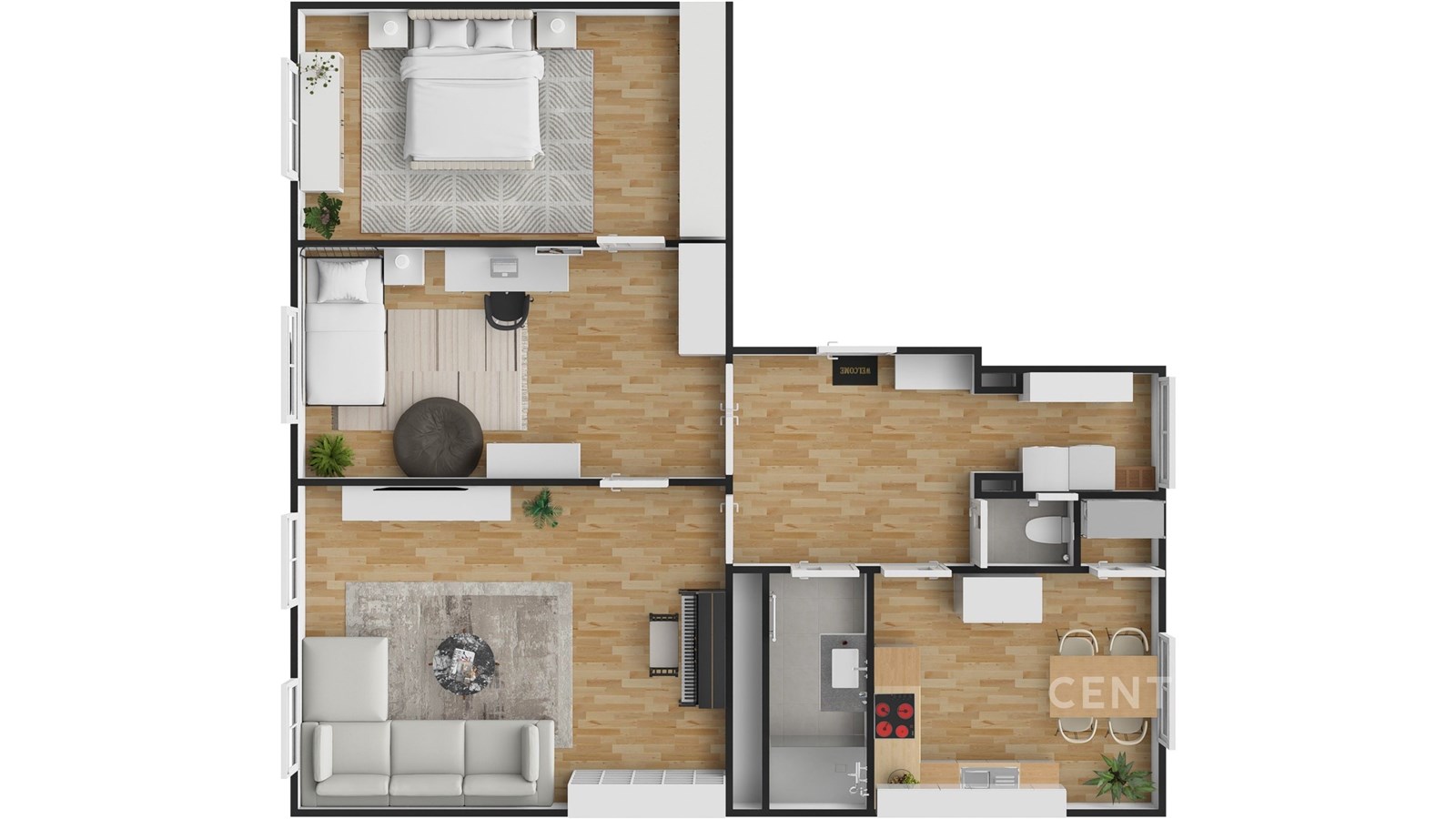 Půdorys moderního bytu s parketovou podlahou, pros