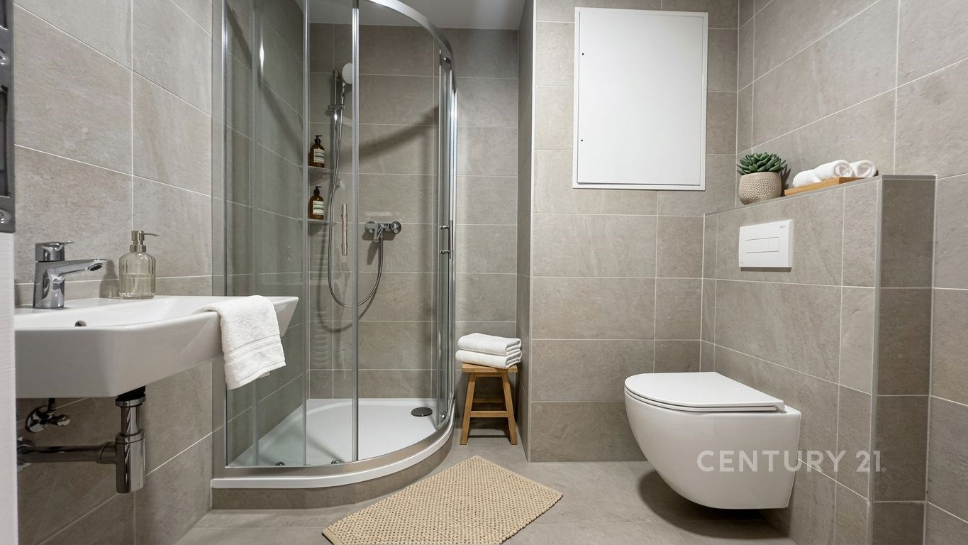 Moderní koupelna s dlažbou, sprchovým koutem a záv