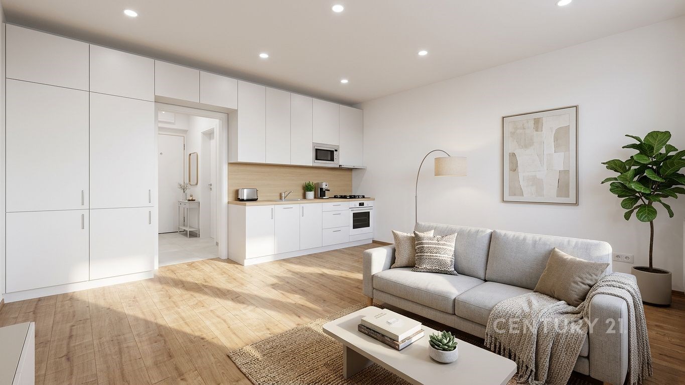 Světlý obývací pokoj s moderní kuchyní, parketová 