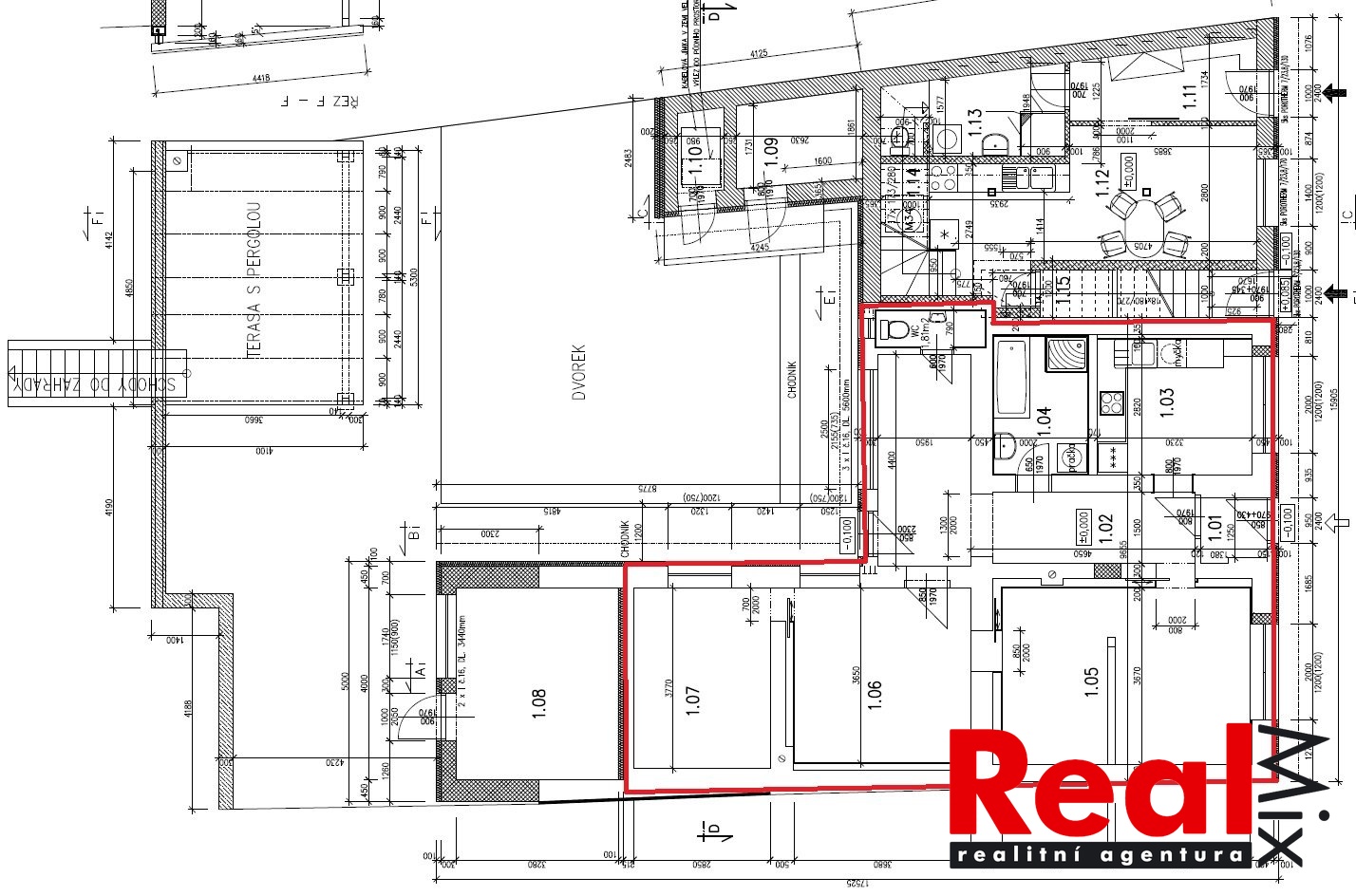 1.NP - Krumvíř 244 - vyznačený byt 3+1