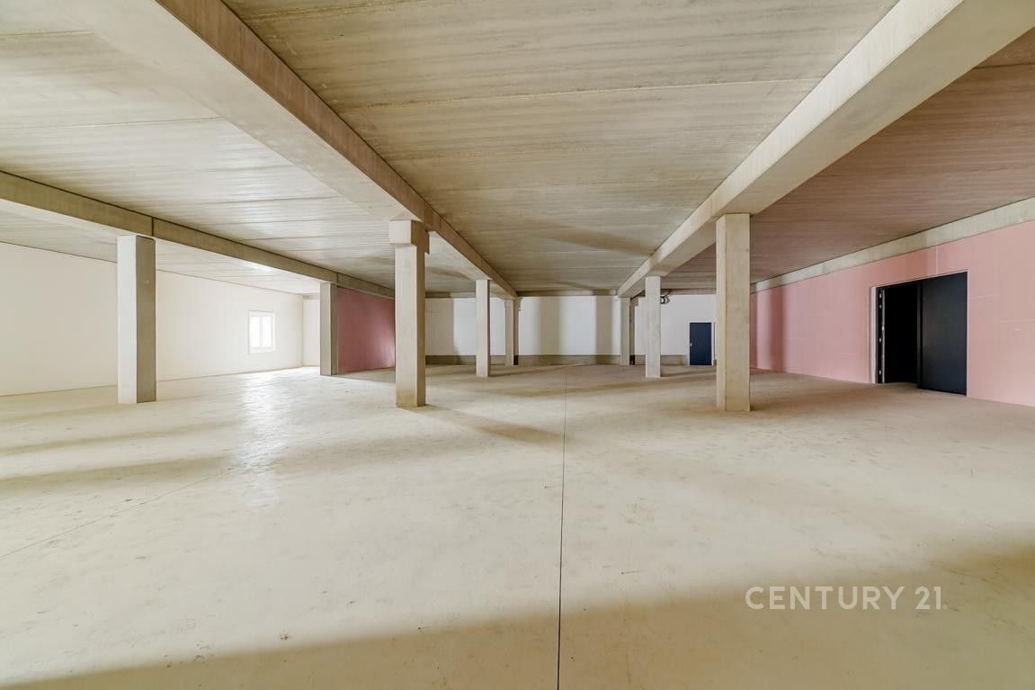 Průmyslový prostor s betonovou podlahou, otevřeným uspořádáním a vysokým stropem, ideální pro sklad nebo výrobu.