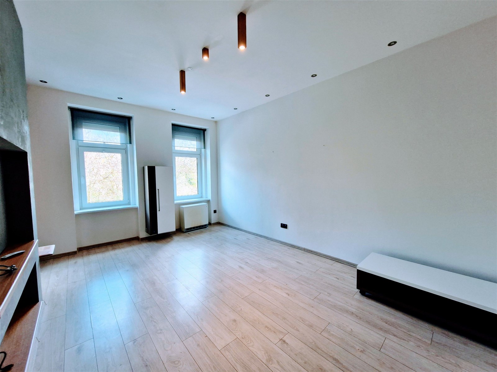 Světlý obývací pokoj s parketovou podlahou, velká 