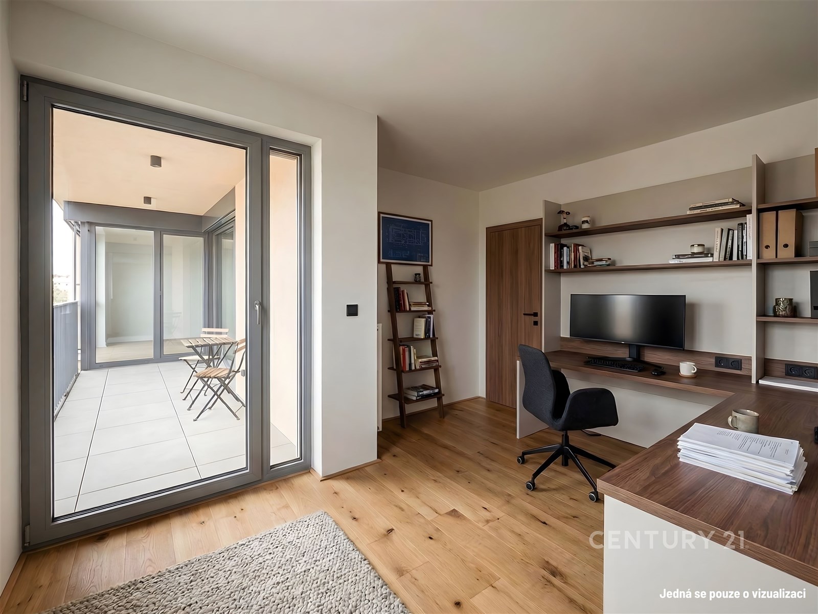 Domácí kancelář s parketovou podlahou, vestavěnými