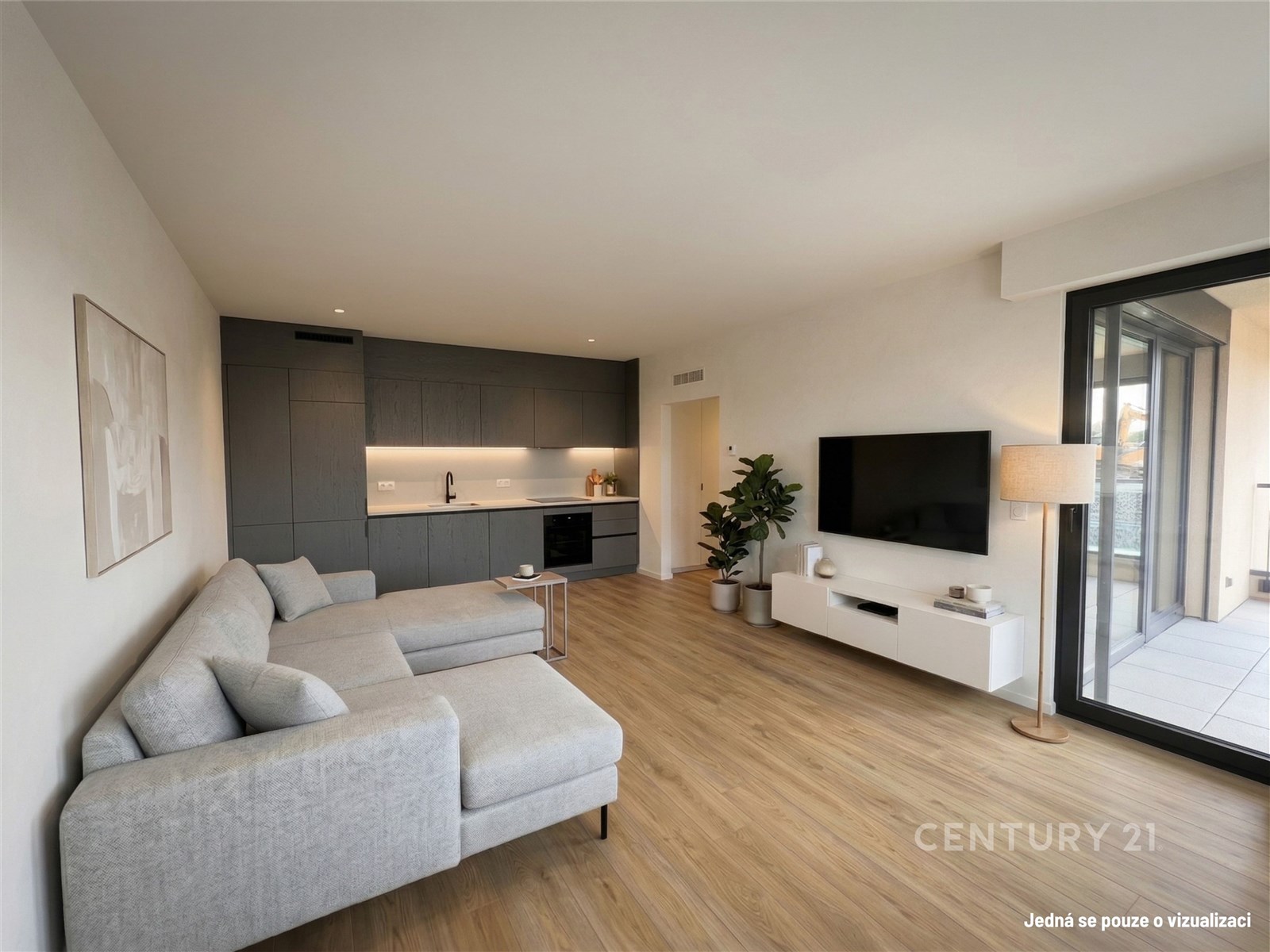 Světlý obývací pokoj s parketovou podlahou, modern