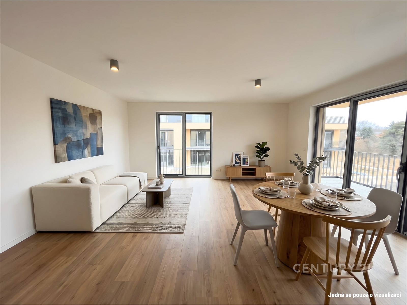 Světlý obývací pokoj s moderní parketovou podlahou