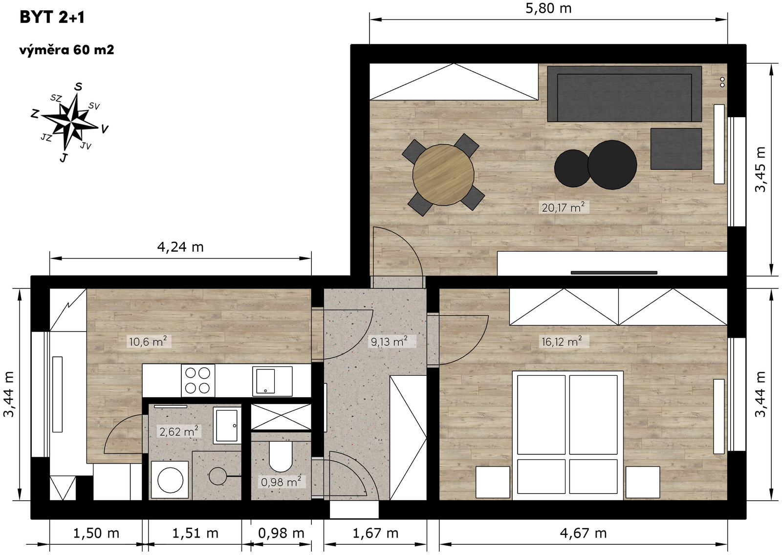 plánek bytu 2+1, Skvrňany