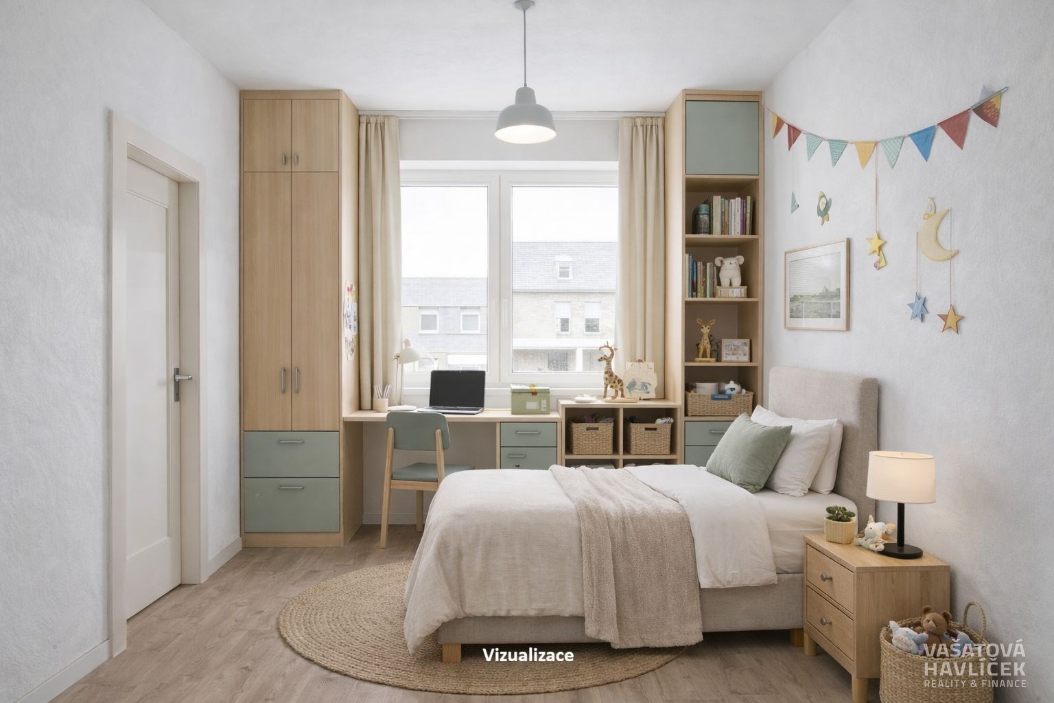 Dětský pokoj s parketovou podlahou, vestavěným náb