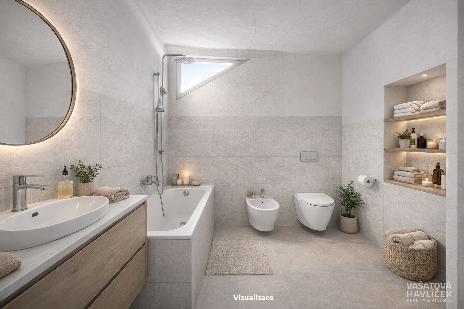 Moderní koupelna s dlažbou, volně stojící vanou, v