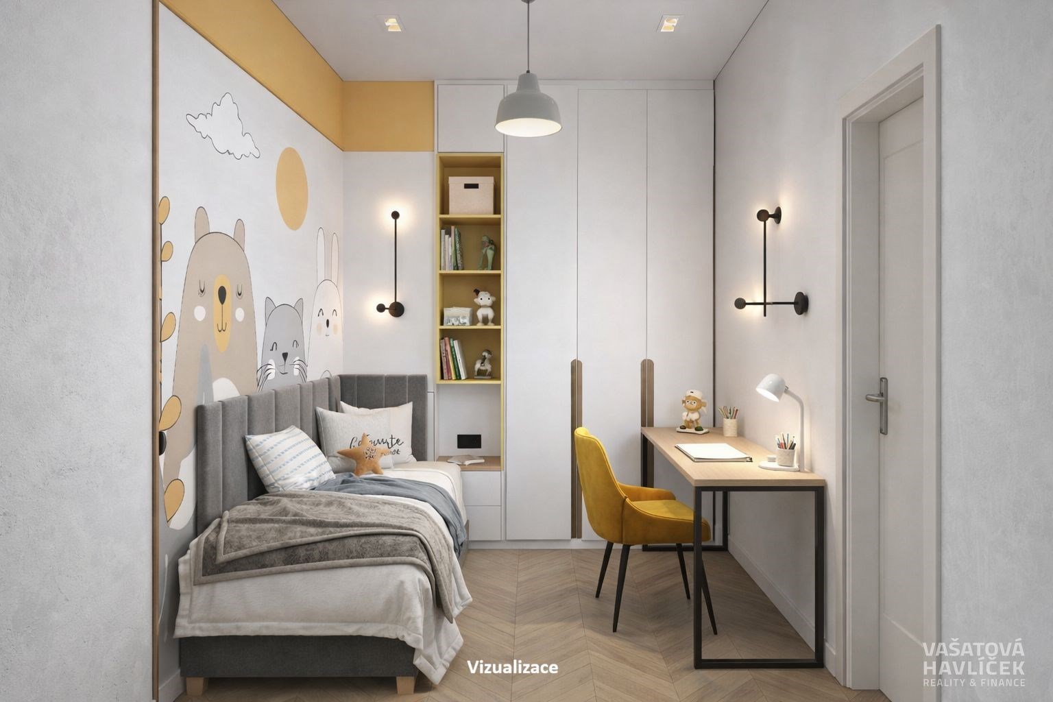 Dětský pokoj s parketovou podlahou, vestavěné skří