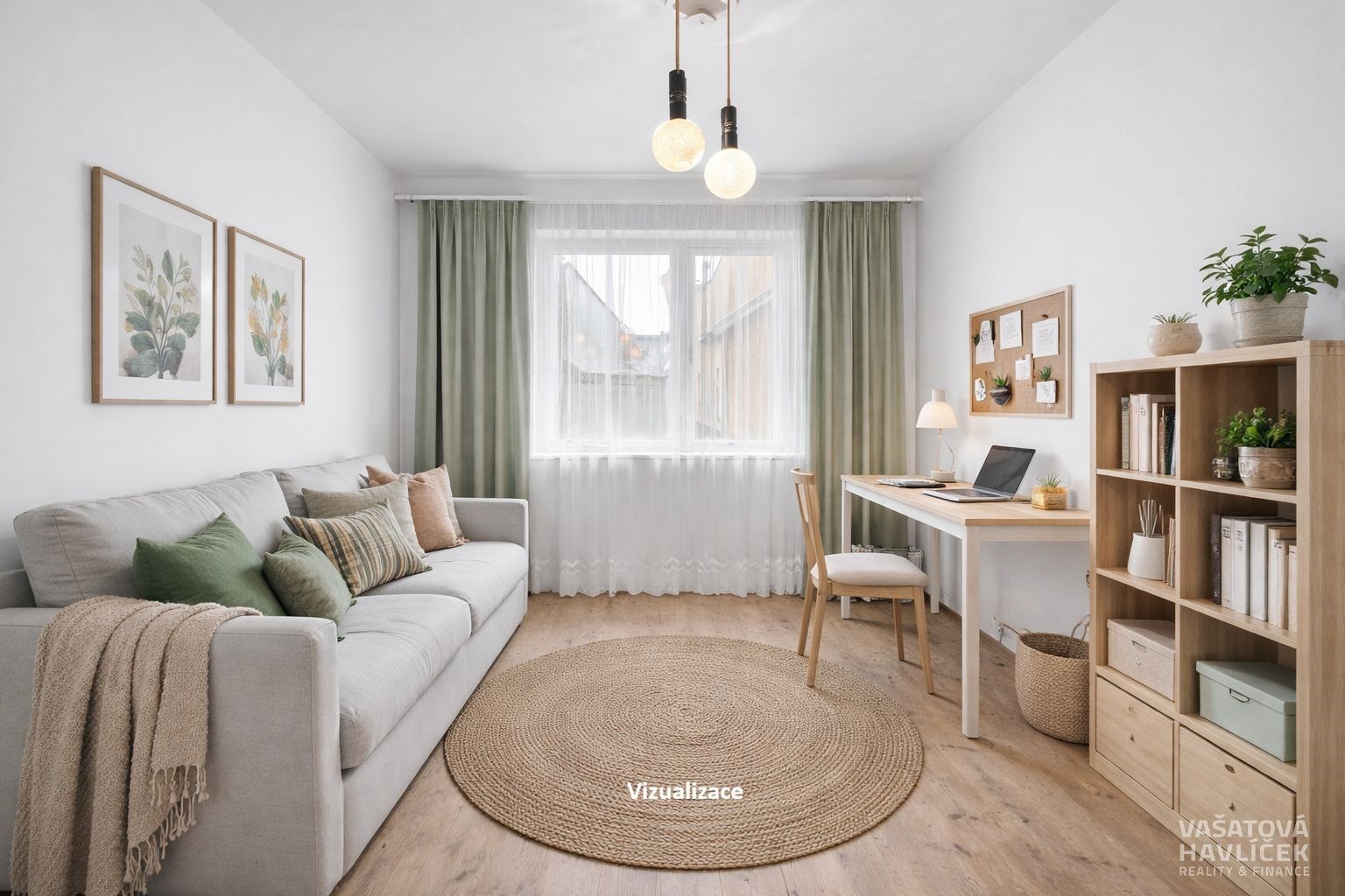 Světlý obývací pokoj s parketovou podlahou, velkým