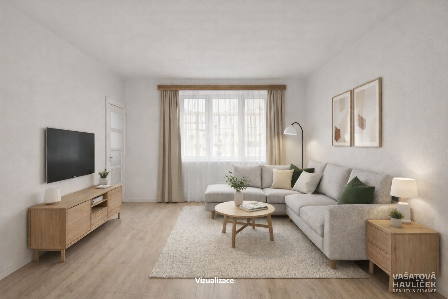 Světlý obývací pokoj s moderní sedací soupravou, p