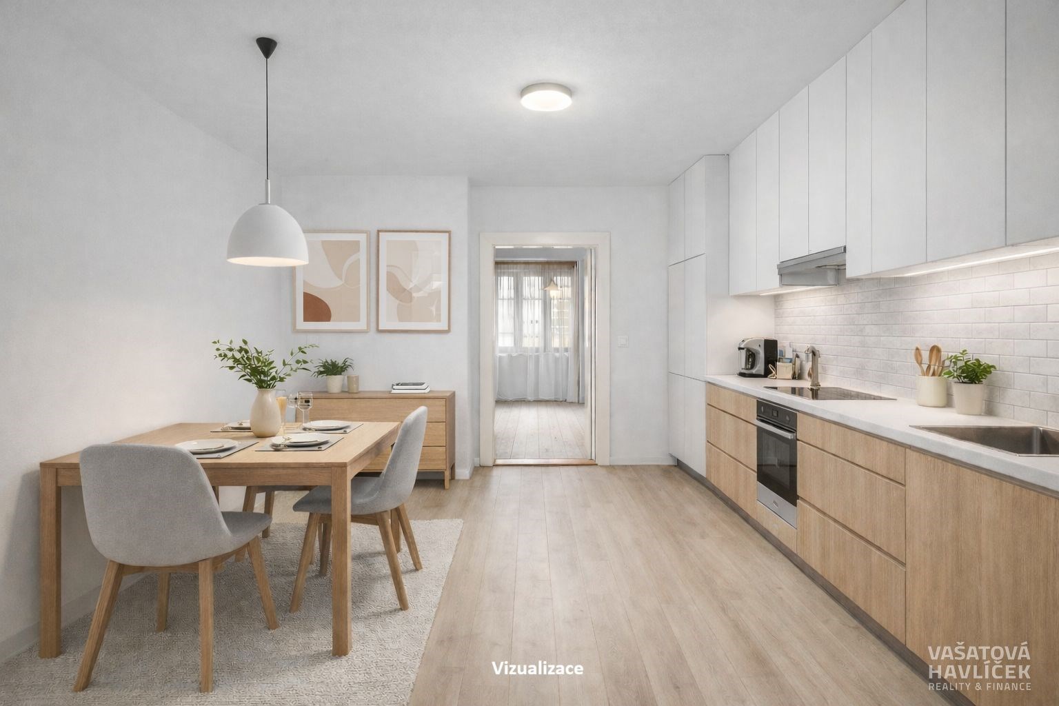 Moderní kuchyň s jídelnou, parketová podlaha, svět