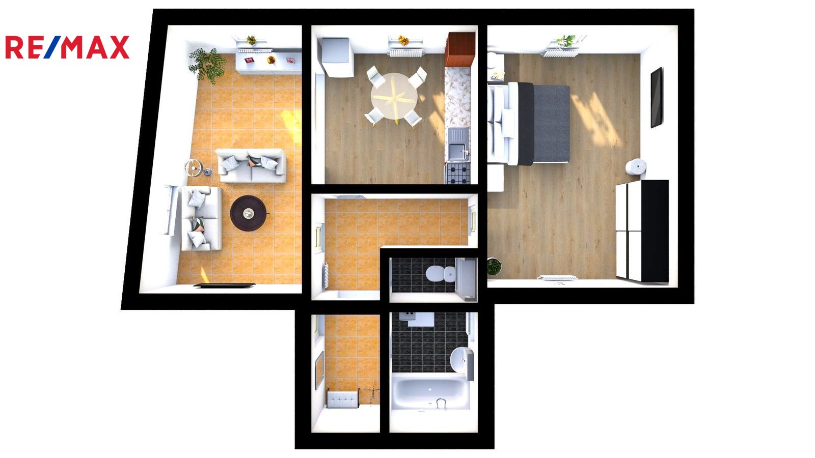 Půdorys bytu - pohled 3D - ilustrační vybavení byt