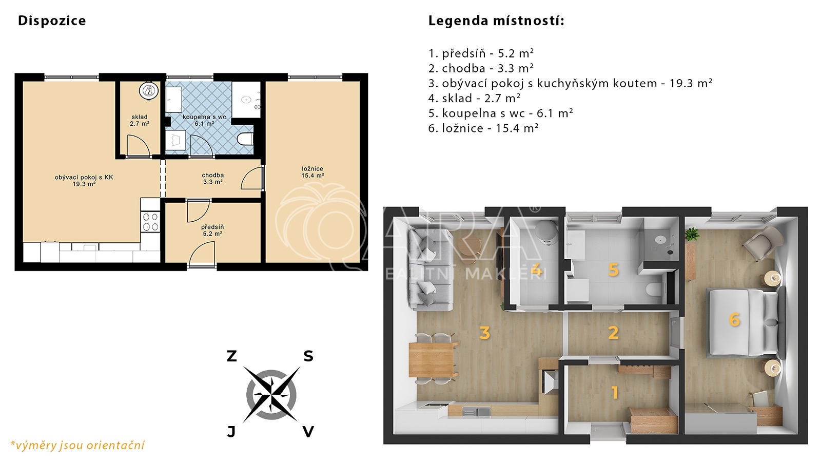 2D půdorys současný stav, 3D půdorys s vybavením