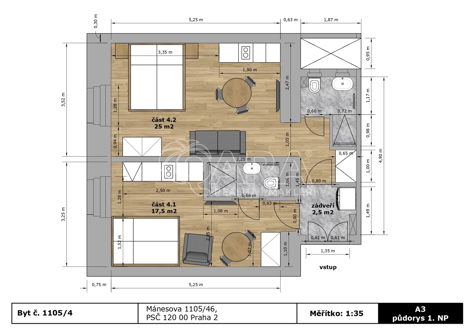 Půdorys bytu s kótami