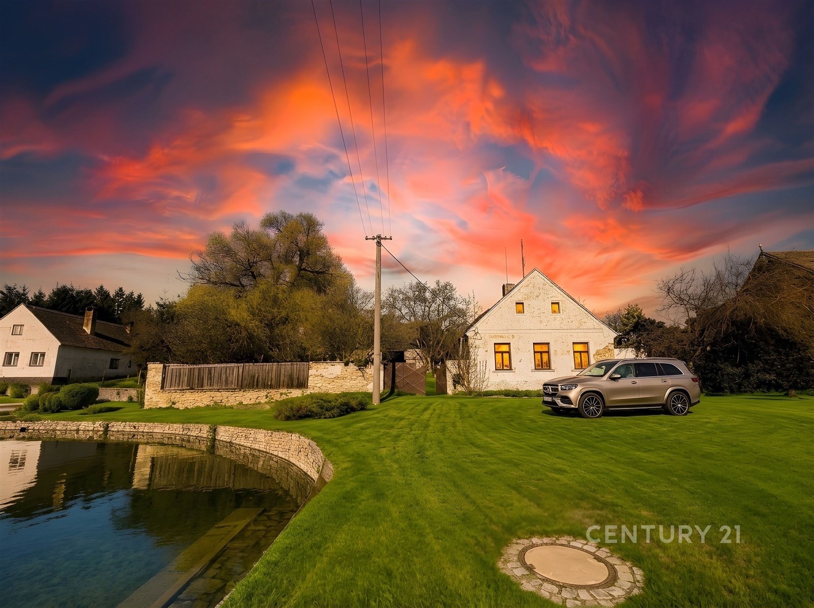 Kamenný venkovský dům s moderním autem na prostorn