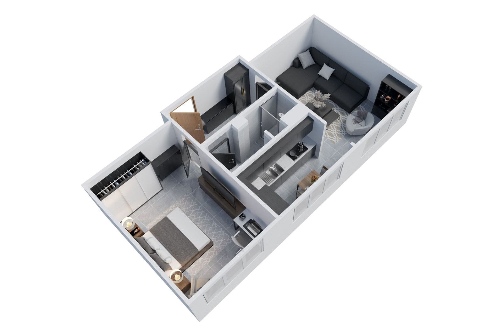 Podkrovní byt s moderní kuchyní, dlažba, vestavěné