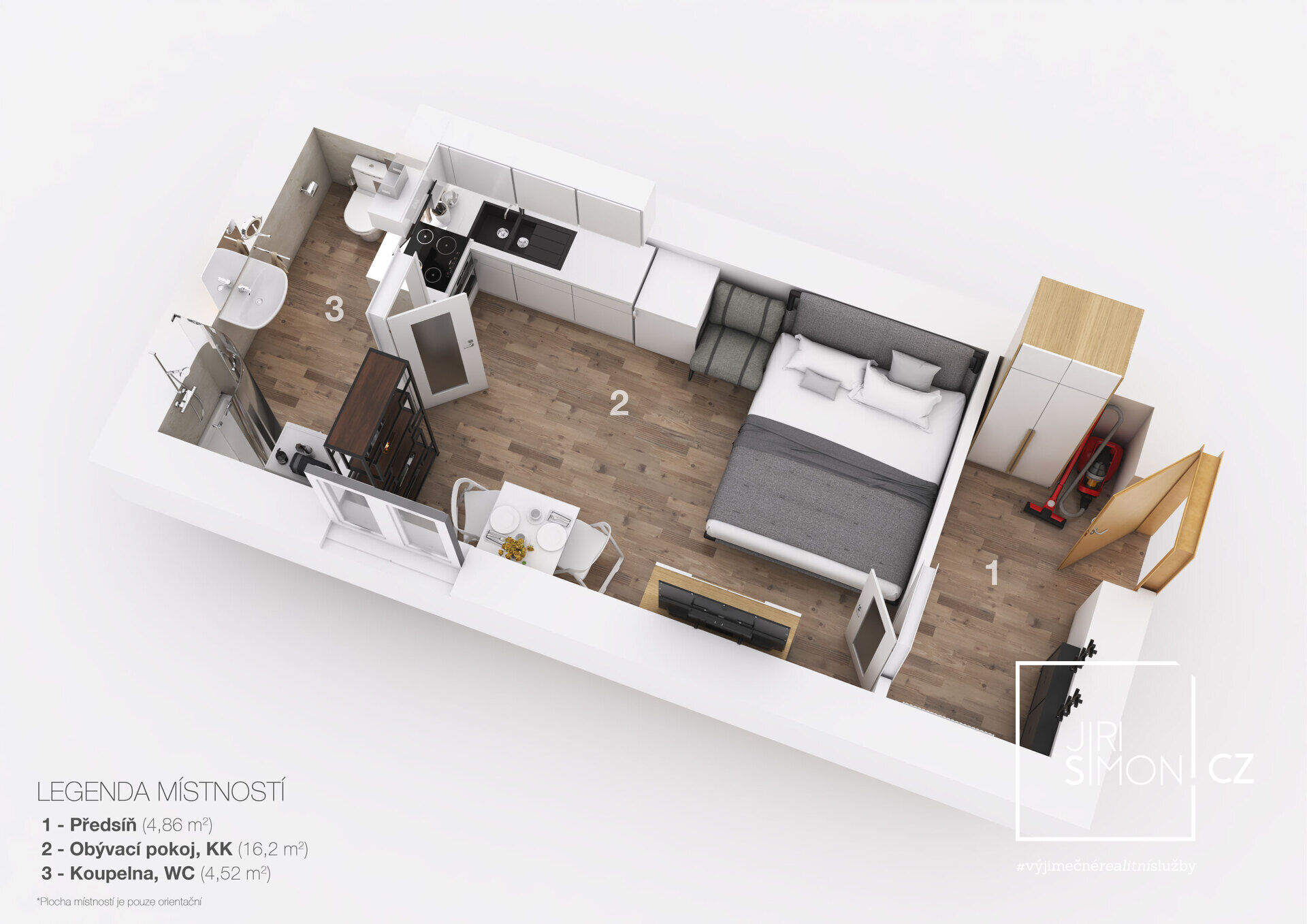 3D půdorys apartmánu 1+kk